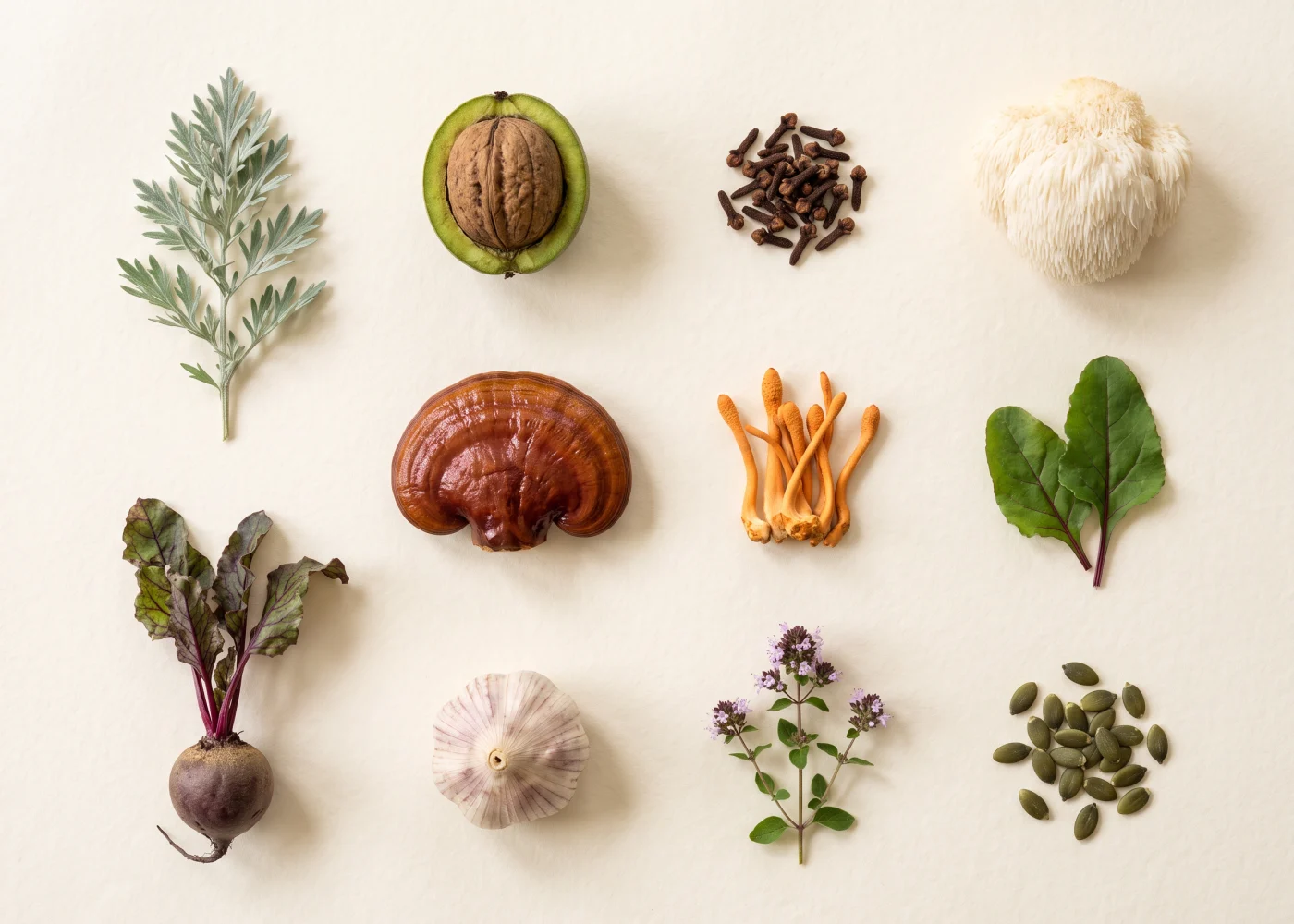 Herbarium-style arrangement of wormwood, black walnut, clove, lion's mane, reishi, cordyceps and beetroot
