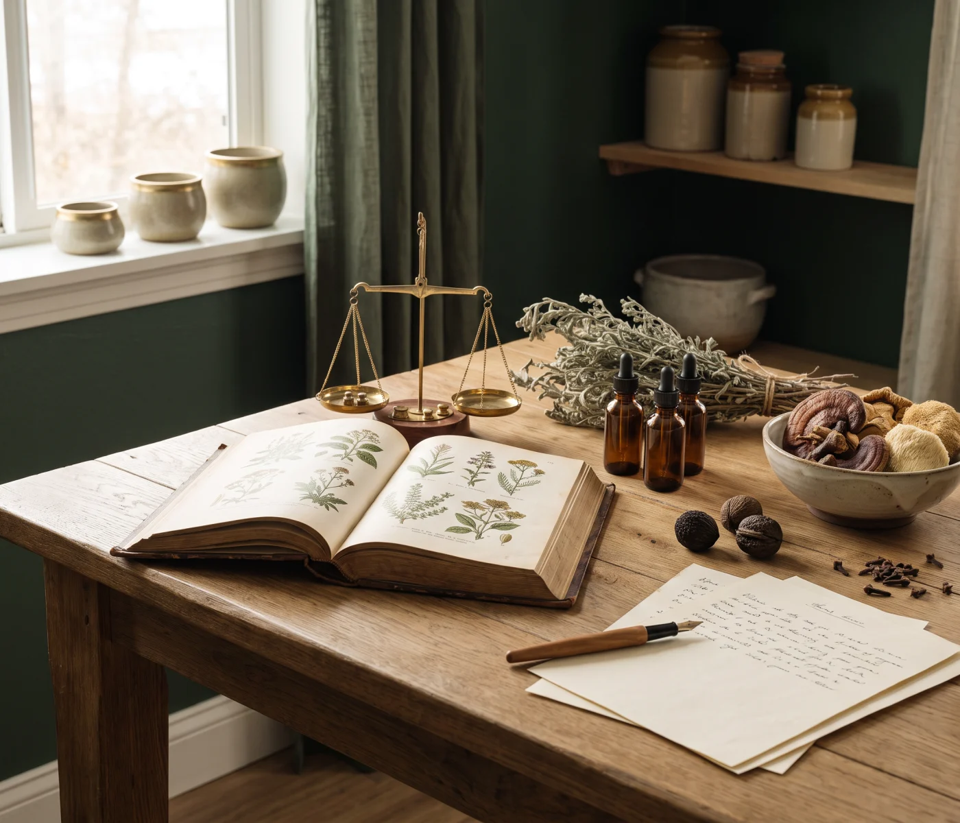 ASPHODEL bottles and jars on a calm apothecary shelf