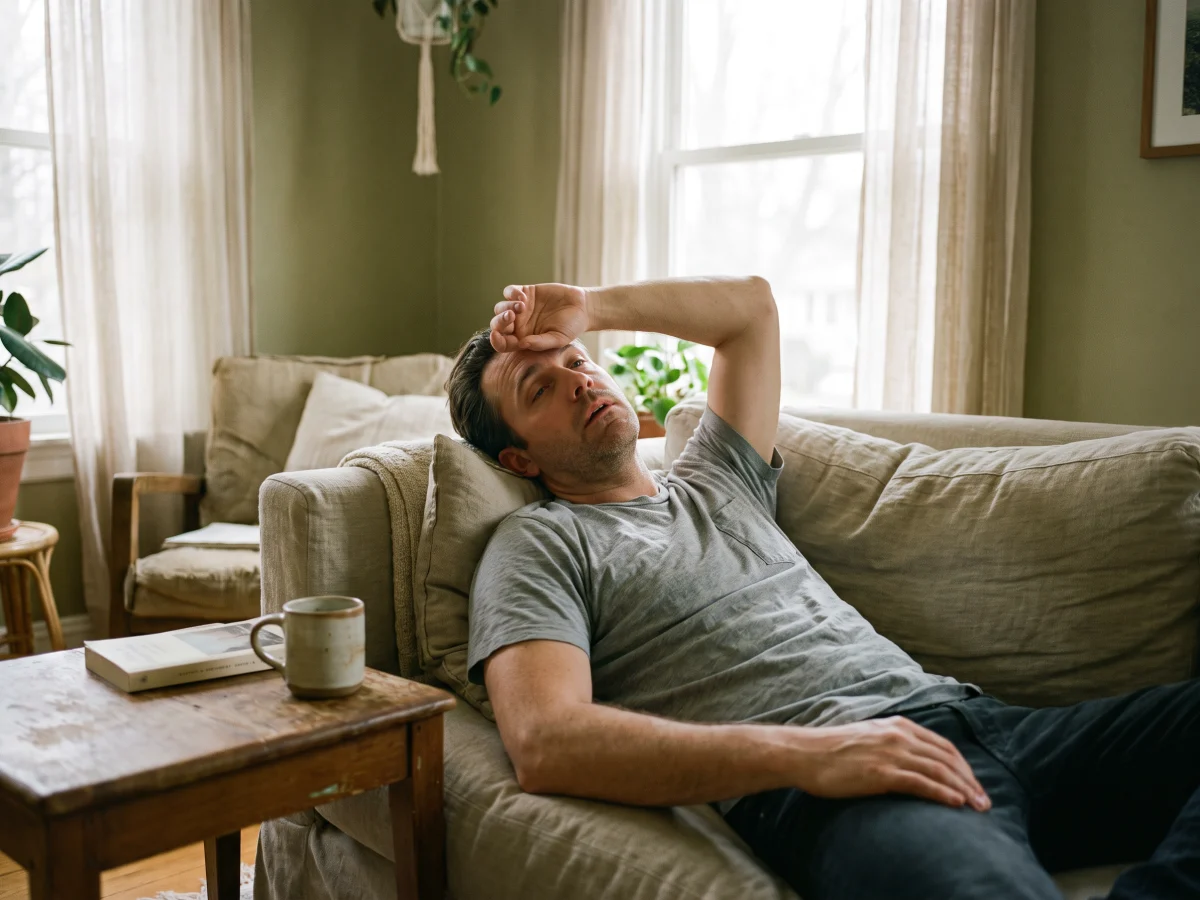 A tired man leaning back on a sofa in the afternoon