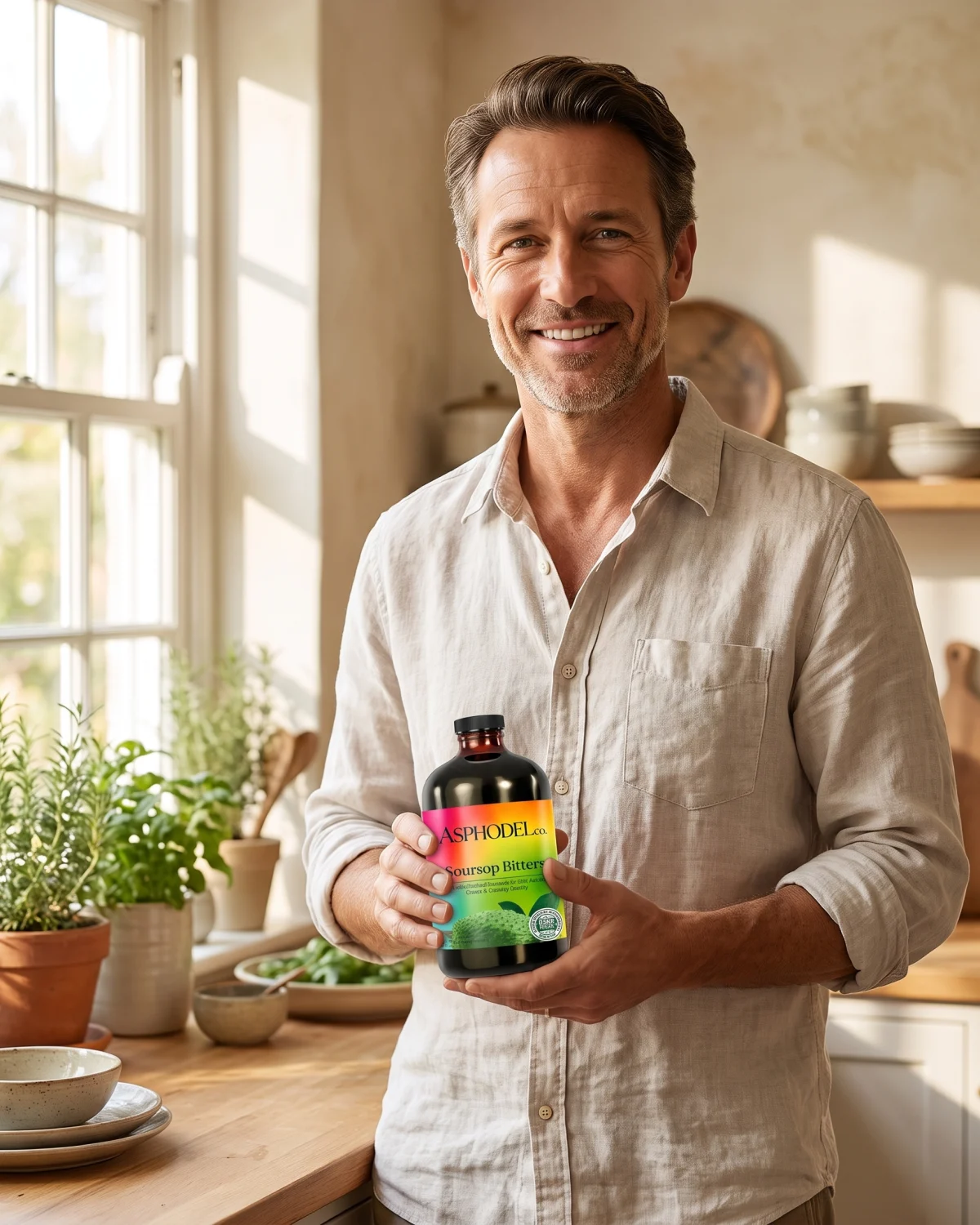 A smiling man holding a bottle of ASPHODEL Soursop Bitters