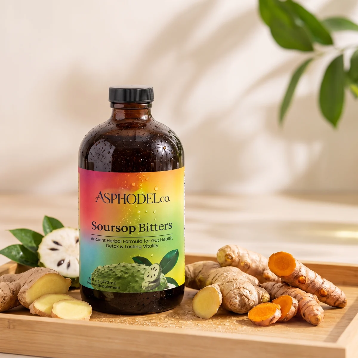 Ingredients in ASPHODEL Soursop Bitters: Liquid herbal bitters: soursop, senna, sea moss, turmeric & ginger