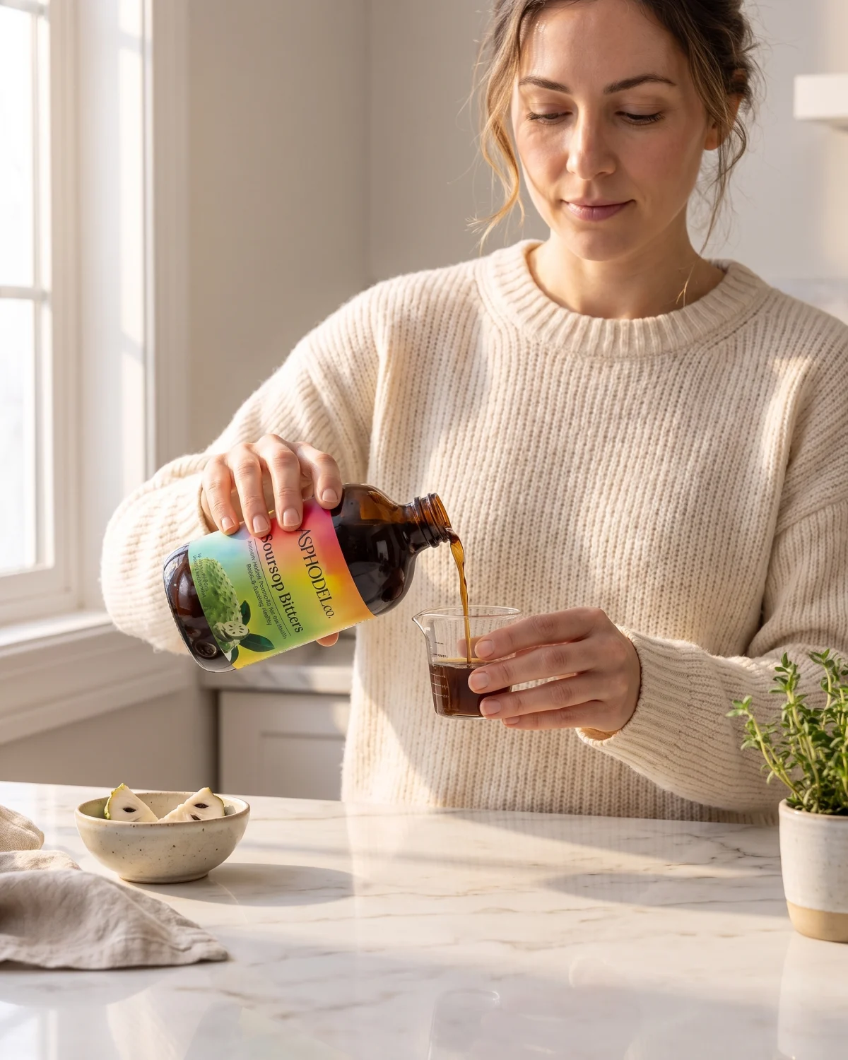 Measuring a serving of ASPHODEL Soursop Bitters in a bright kitchen